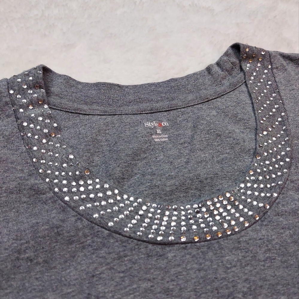 Style & Co. Gray Scoop Neck Rhinestone Neckline 3/4 Sleeve Cotton Top Size XL - Picture 2 of 9